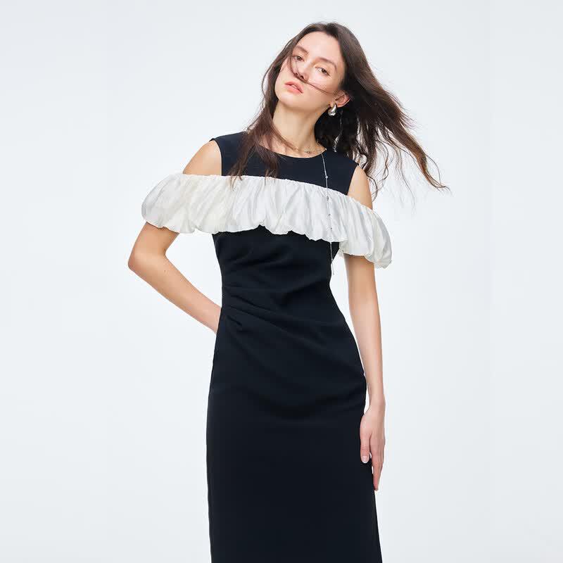 Pleated Off-Shoulder Slit Midi Dress XL