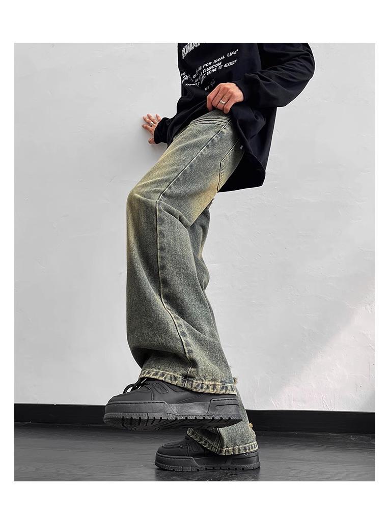 Men's Vintage Washed Wide-Leg Ripped Jeans – Straight-Leg, High-Street Style, Micro-Flare Streetwear Pants