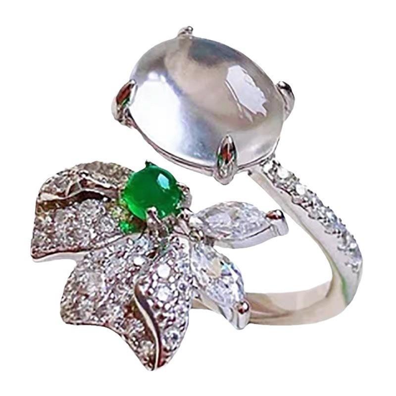 Elegant White Chalcedony and Hetian Jade Open Ring