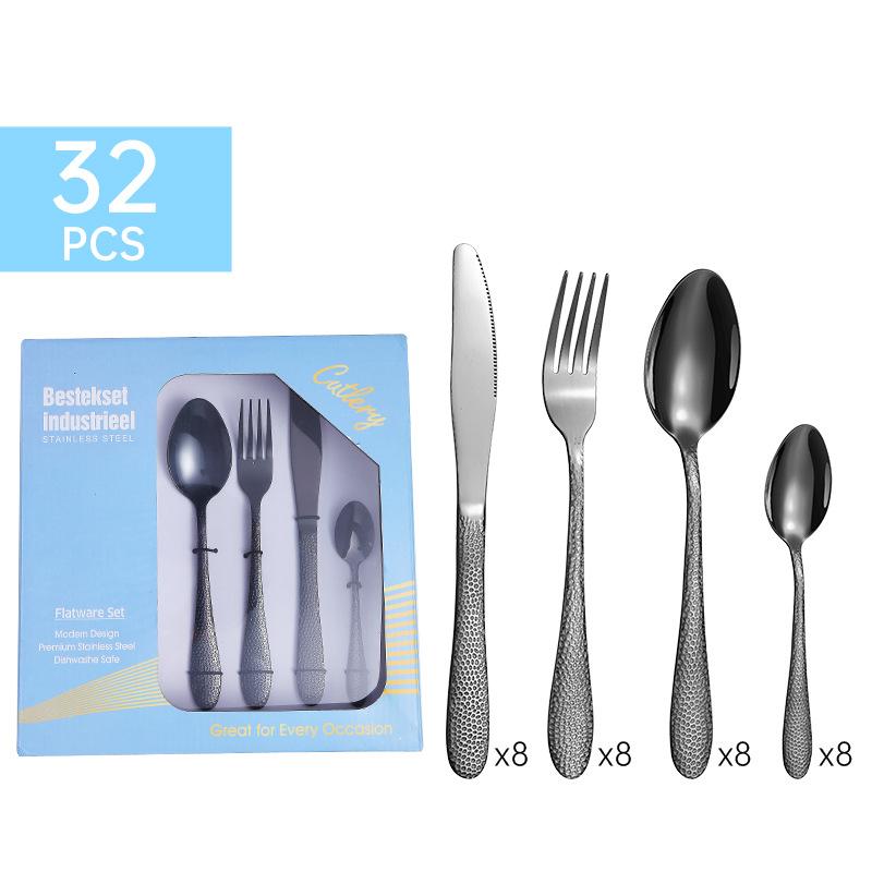 Stainless Steel Tableware 32-Piece Set Water Cube Four Main Pieces Steak Knife, Fork and Spoon