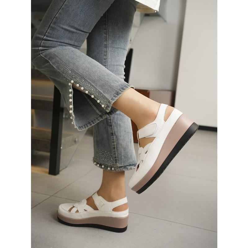 Women's Summer Hollow Wedge Thick-Soled Closed-Toe Roman Sandals, Retro Style, Available In Large Sizes.