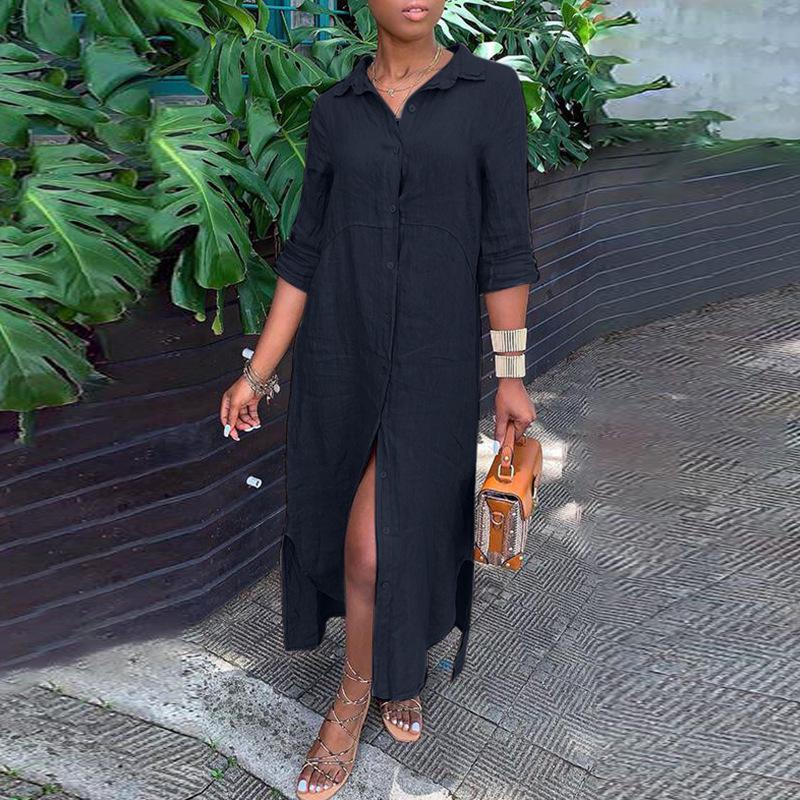 

Європейська та американська бавовняно-лляна довга сукня з коміром-сорочкою та ґудзиками S темно-синього кольору