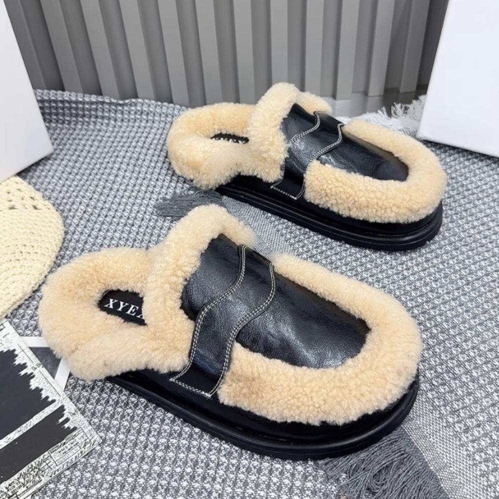 Fashion Flats Platform Cotton Slippers Women Fur Mules Shoes 2024 Winter New Plush Warm Slides Trend Soft Leather Cozy Casual Shoes