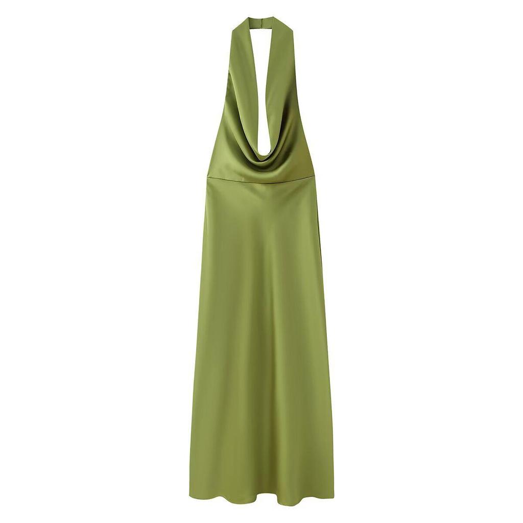 Women's Spring 2025 European & American Style Backless Silk Satin Midi Dress