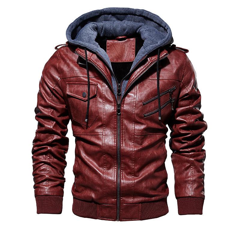 Autumn and Winter Men's Leather Jacket Men's PU Leather Hooded Leather Jacket Two-piece Set