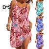 Women Beach Dress Sling Sleeveless Loose Waist Mini Dress Ocean Pattern Summer Vacation Dress Holiday Outfit