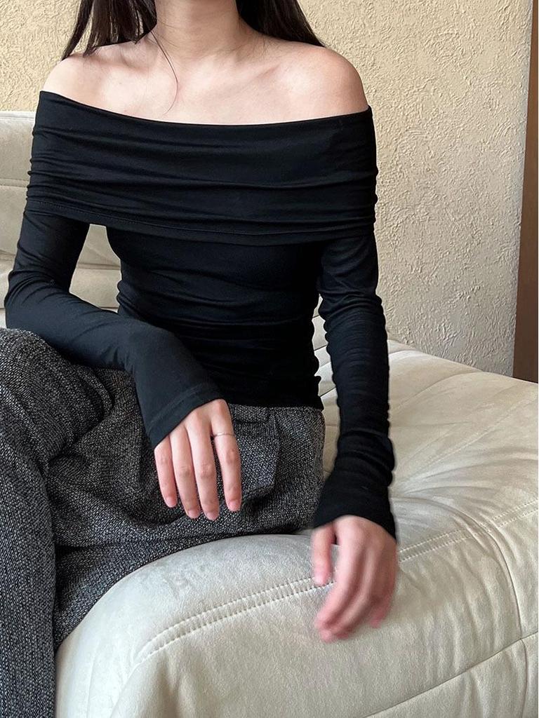 Luxi Pure Desire Hot Girl Off-Shoulder Slim-Fit Langarm-T-Shirt