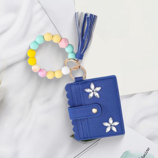 RFID Shielded Card Holder with Rhinestone Flower And Beads Decor Women Wristband Wallet Keychain Faux