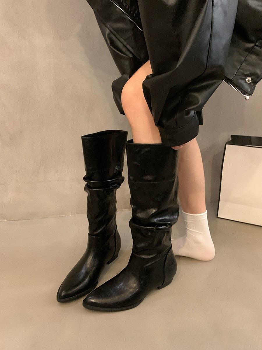 

Бежевые сапоги на толстом каблуке с острым ворсом, высокие сапоги, женская обувь, новинка 2024 года, весна-осень-зима, средние сапоги-трубы, тонкие рыцарские сапоги 35 чёрный