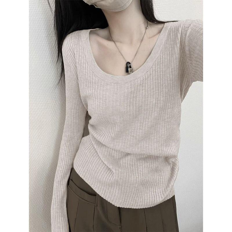 Early Autumn Women s Slim Fit Gray U-Neck Knit Sweater Top XL белый