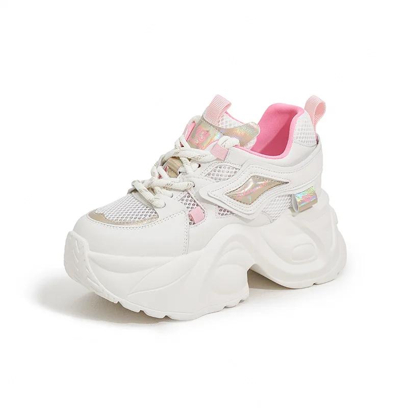 Fashion 7cm Air Mesh Synthetic Genuine Leather Chunky Sneaker Sandals Women Ladies Comfy Spring Autumn Boots Mixed Color Vulcanize Shoes