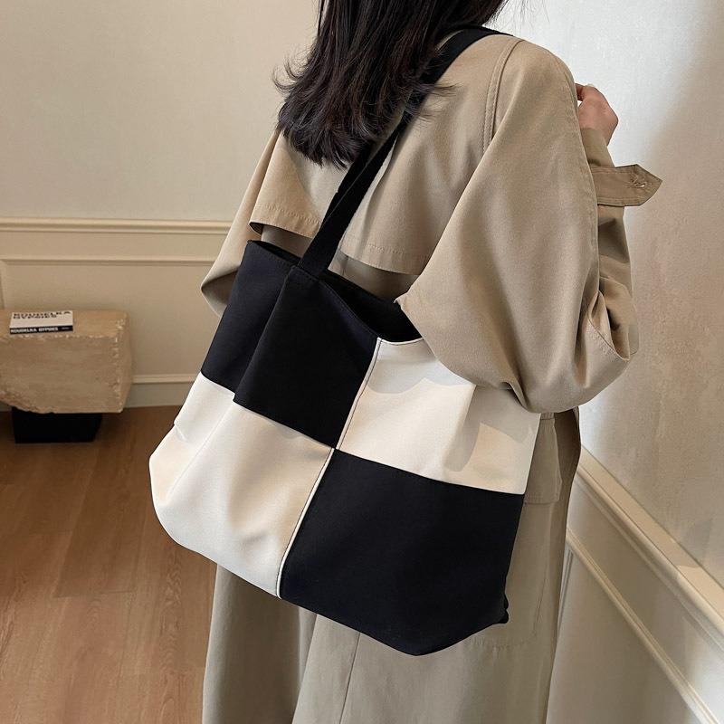 Canvas Bag Women's Large-capacity Autumn and Winter New Contrasting Color Shoulder Bag Texture Class Commuter Tote Bag