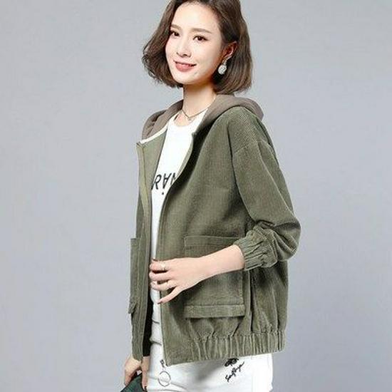 2024 Autumn Women's Plus Size Hooded Corduroy Jacket - Korean Style