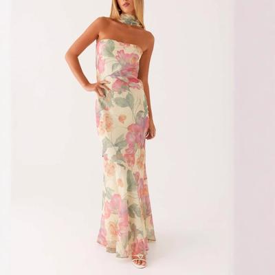 European and American Spring and Summer New Temperament Socialite Satin Backless Tube Top Digital Printing Dress