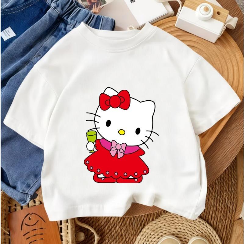 Summer Cute Casual Round Neck Top Street Style Children's Hello Kitty Cartoon Fashion T-Shirt