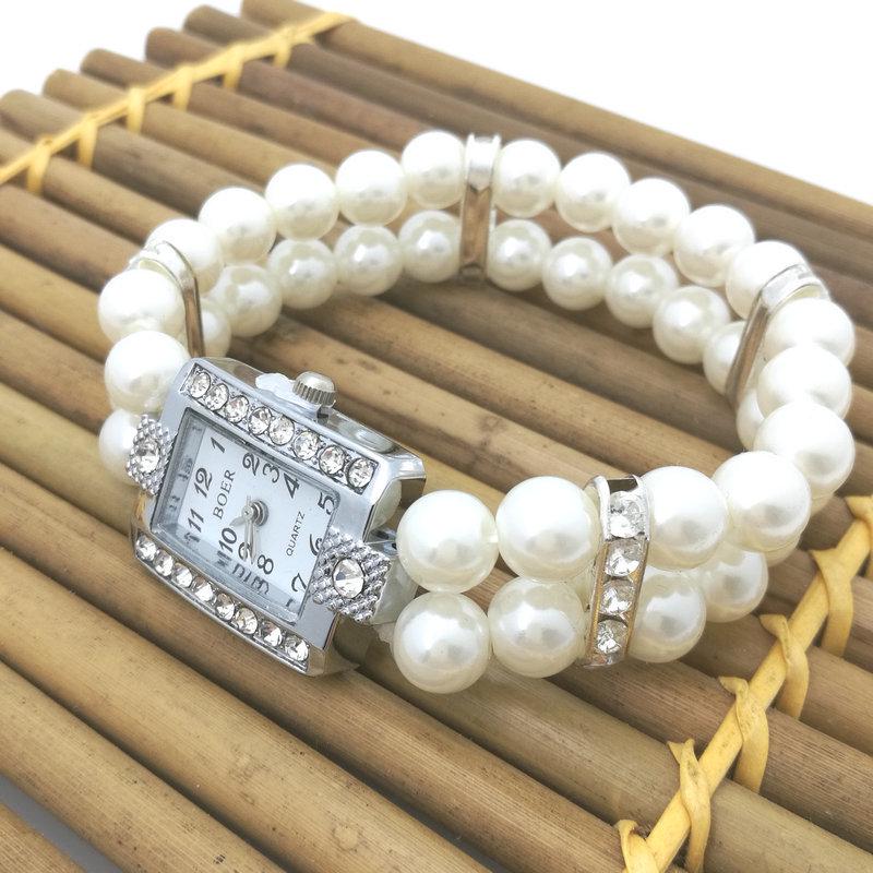 Women's Double-Row Imitation Pearl Beaded Bracelet Watch with Diamond-Set Quartz
