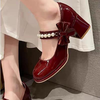 Plateforme Perles Nœud Papillon Chaussures de Rendez-vous Printemps Noir Chaussures Simples Femmes Escarpins Janes Bout Rond Talons Blocs