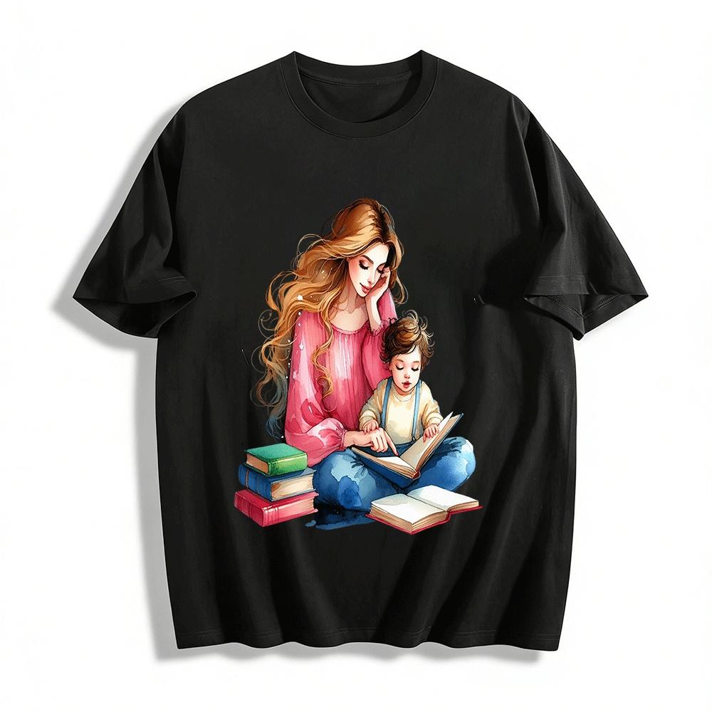 Warm Parent Child Reading Print Adult Top Pure cotton T-shirt XXS