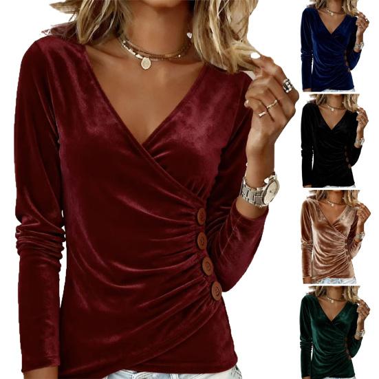 Yousheng Women Tops Slim Fit V Neck Long Sleeve Soft Stretchy Pullover Tops Solid Color Side Pleated Design Buttons Decor Casual Blouse
