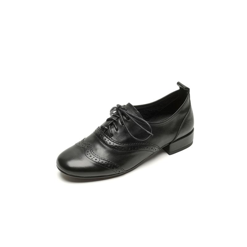 New leather loafers women's lace-up platform non-slip sheepskin women's shoes black large size shoes four seasons casual single shoes women