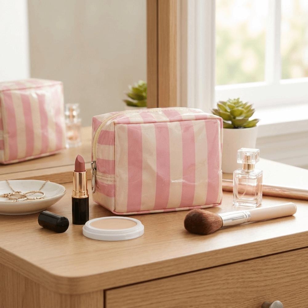 Portable PVC Striped Makeup Bag Mini Cosmetic Pouch Cute Toiletry Bag Daily Use