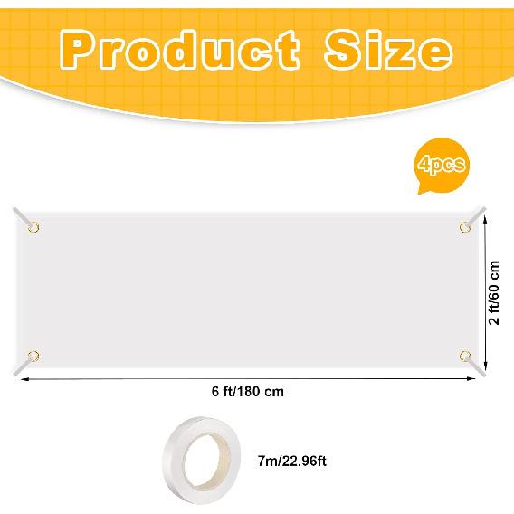 4 Pcs Sublimation Banners Blank, 2x6 Feet Large White Polyester Oxford Cloth Banner with Hanging Ropes, DIY Sign Banners for Painting, Writing,