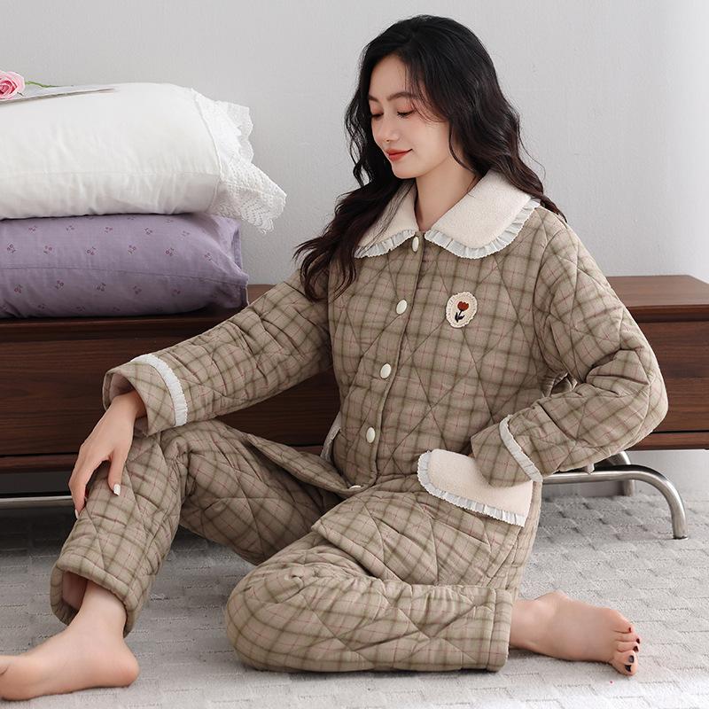 Pajamas Women'S Winter Three-Layer Thickened Woven Pure Cotton Padded Cotton Autumn And Winter Fleece Warm Coral Fleece Padded Jacket Loungewear