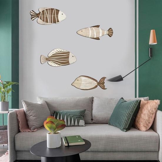 4 Pcs Wood Fish Wall Decor Vintage Nautical Beach Wall Art Coastal Wooden Hanging Sculpture for Lake House Ocean Bathroom Bedroom Home Decor
