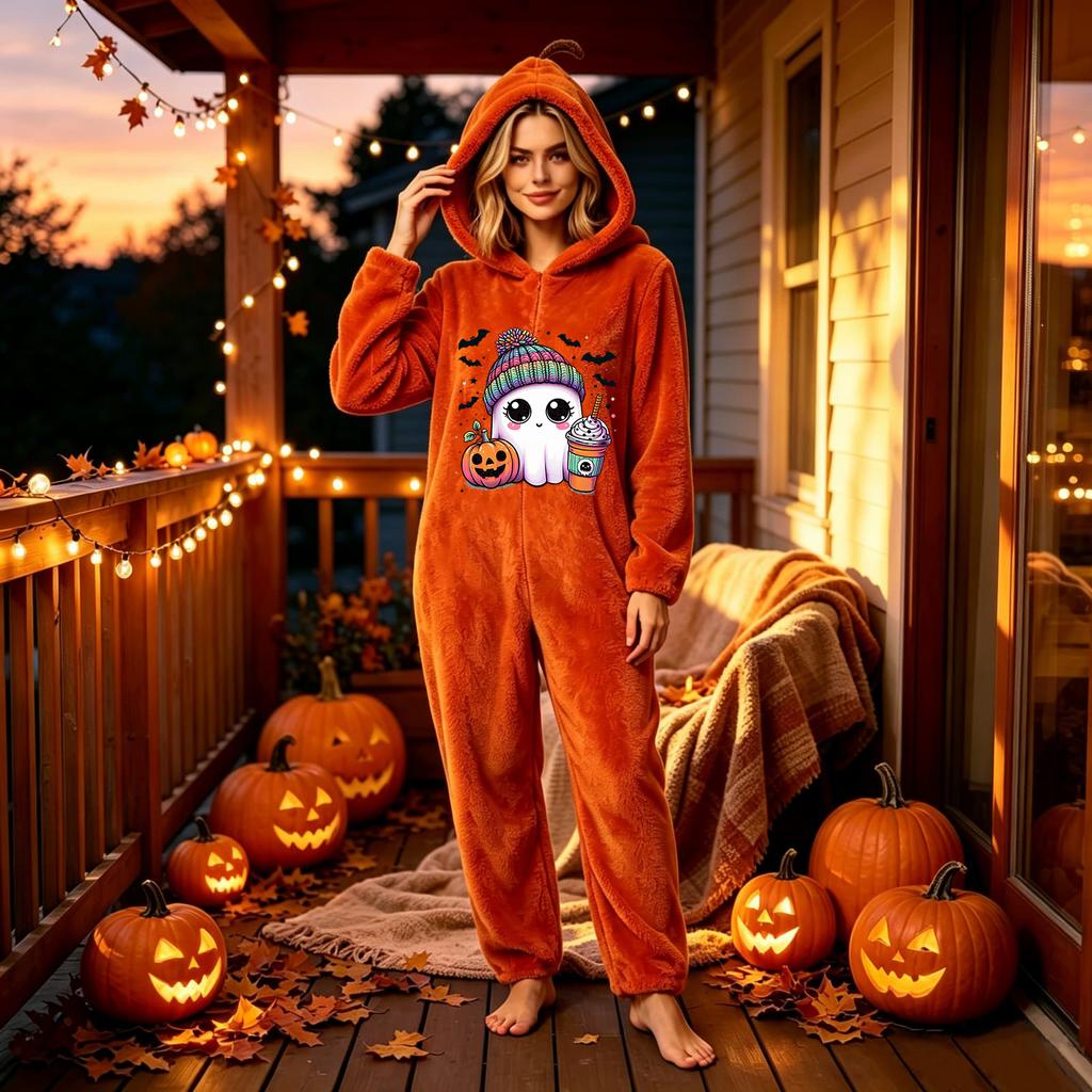 Women's Halloween Printed Flannel Romper Jumpsuit for Holiday Party and Loungewear