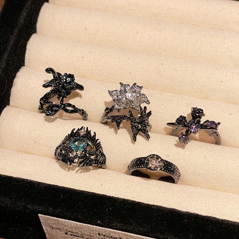 Light Luxury Dark Flower Opening Ring Personality Ring High Fashion Niche High Sense Index Finger Ring