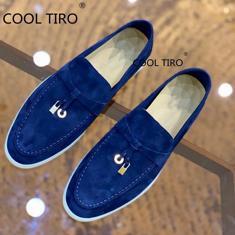 Woman Flat Shoes Slip On Women Loafers Leather Metal Lock Blue Suede Moccasins Mules Casual Driving Shoe Summer Walk Shoes Femme