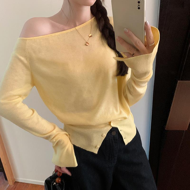 2026 Early Spring Women s Off-Shoulder Knit Sweater, Slim Fit Outerwear, Base Shirt, High-End Sweater S жёлтый