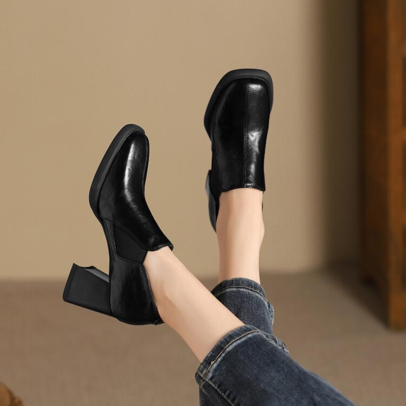 Fashion NEW Spring/Autumn Women Pumps Square Toe Chunky Heel Shoes Split Leather Shoes for Women Concise Slip-on Handmade Women Shoes