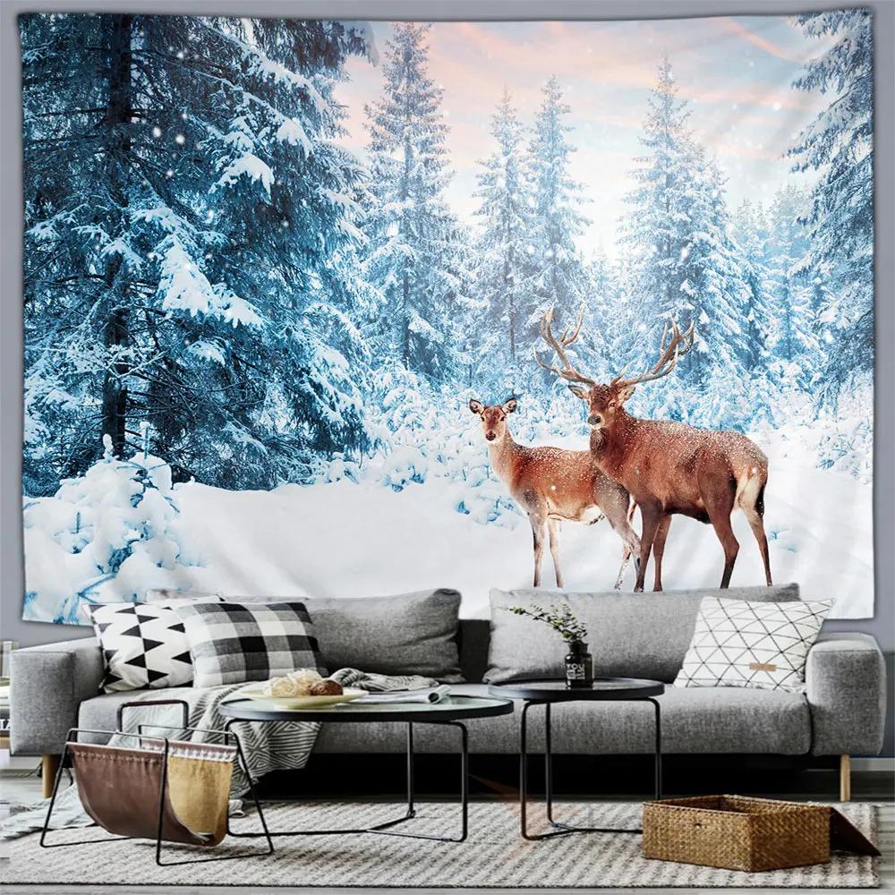 Winter Forest Snow Scene Tapestry Wall Hanging Christmas Tree Happy New Year Bedroom Living Room Home Decoration