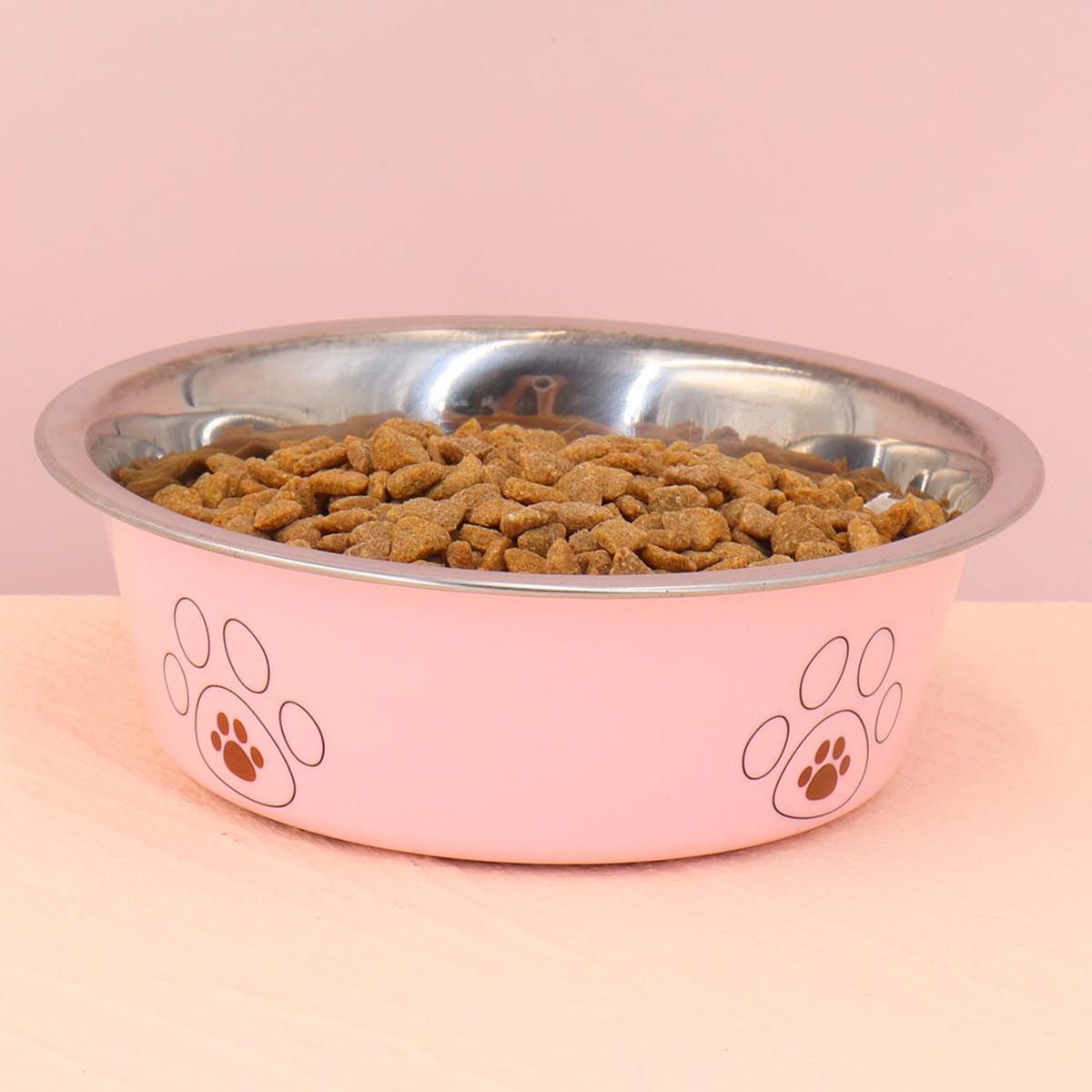 Popular stainless steel footprint dog bowl anti-tip non-slip cat bowl dog bowl cartoon pet bowl cat supplies cute cat bowl S14cm розовый