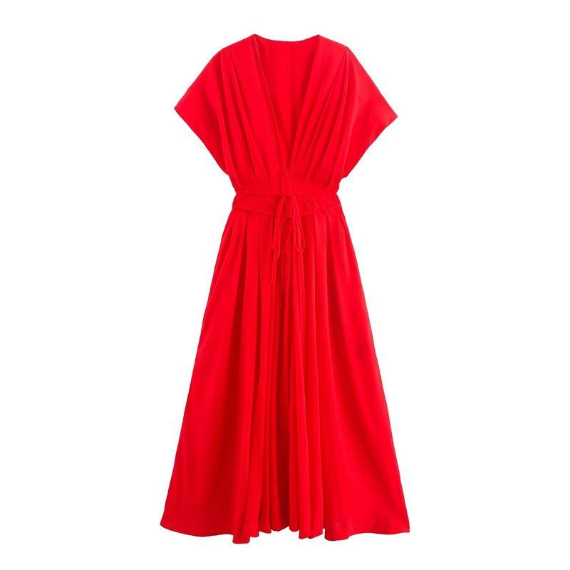 

Summer New Product Women s Clothes Seaside Vacation Style Cotton V Neck Pleated Draped Shoulder Short Sleeve Length Dress 2965260 Red L