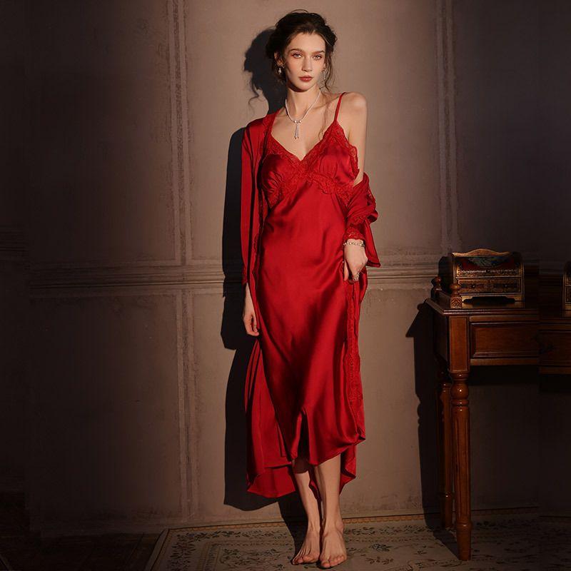 

Good Morning with You Extended Sexy Pajamas Women s Spring and Autumn Lace Ice Silk Strap Night Dress Pure Desire Two-piece Set Homewear Red (nightgown + robe) 170(XL)