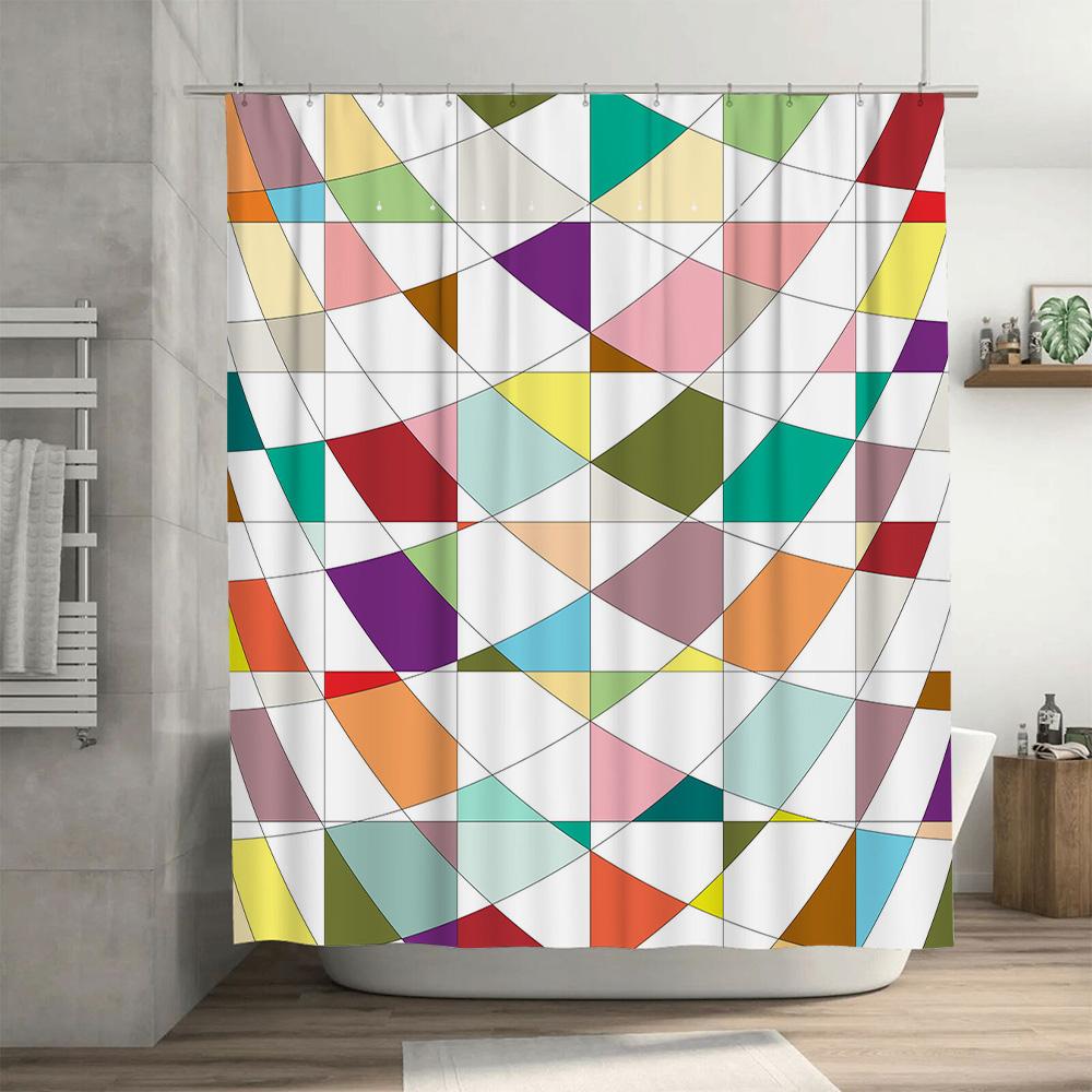 Colorful Geometric Shower Curtain Bathroom Decor Ideas 3D Printed Water-Resistant Fabric Easy Install Hook Rings Set For Bathtub