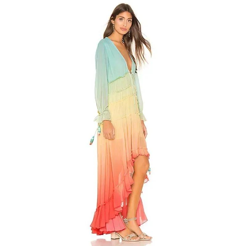Women's Deep V-long Sleeved  Bohemian Dress Summer Printing Gradient Elegant Maxi Dress Patchwork Rainbow Color Party Dress Ruffles Sweet Vestidos