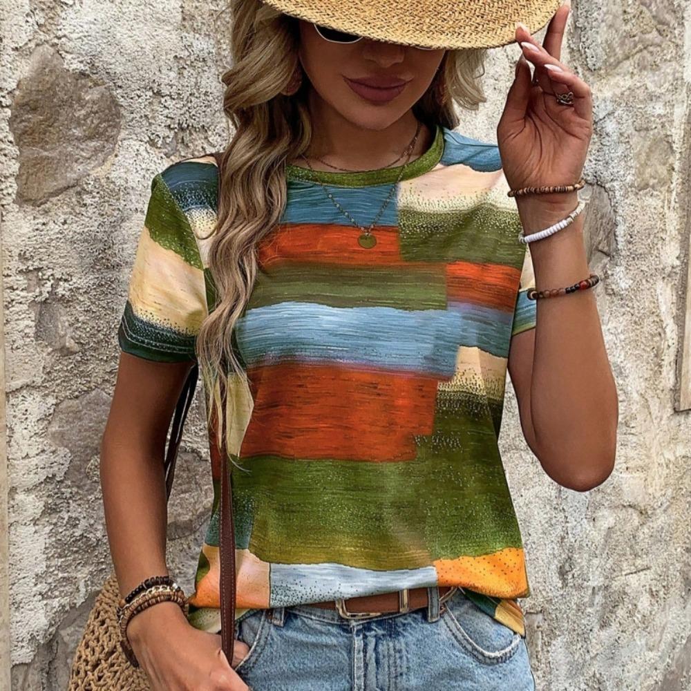 Women's Fashion Color Block Short Sleeve T-Shirt For Summer Geometric Graphic Tees Casual Round-neck Women Tops