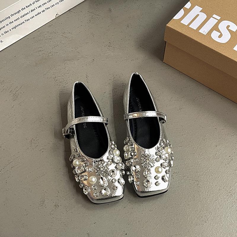 Fashion fairy style silver rhinestone Mary Jane shoes women's spring and summer new versatile casual flat bottom with skirt single shoes