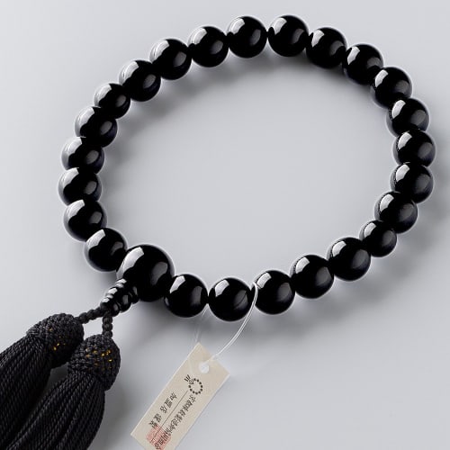 Buddhist Altar Shop Takita Shoten Kyoto Buddhist Prayer Beads for Men, 22 Black Onyx Beads, Silk Tassel with Head, Prayer Beads Bag, Suitable for All