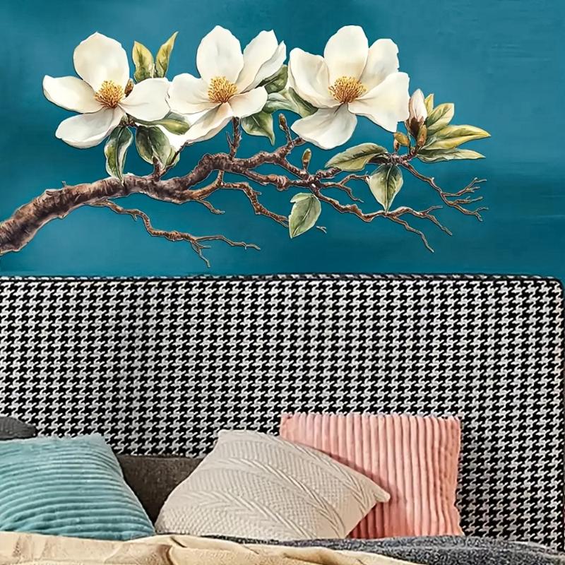 1Pc Elegant White Magnolia Blossom Wall Decal Self-Adhesive Removable Sticker Perfect For Living Room