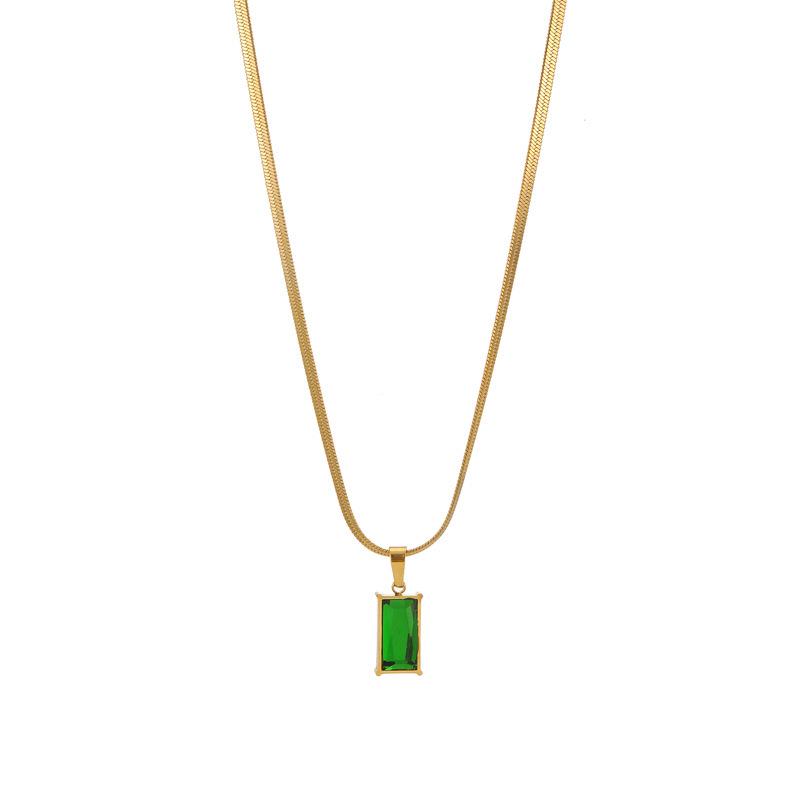 Stainless Steel Necklace with Green Zircon Pendant, Light Luxury Fashion Clavicle Chain