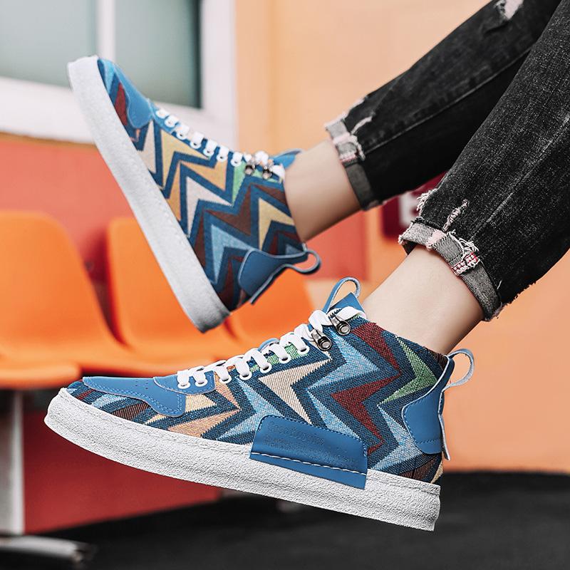 New Designer Print Canvas Shoes for Men 2024 Harajuku Style Blue High Top Sneakers Men Espadrilles Breathable Vulcanized Sneaker
