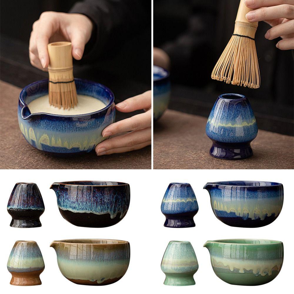 Ceramic Matcha Bowl Set Kiln Discoloration Smooth Matcha Whisk Stand High Temperature Resistant Large Capacity Tea Ceremony Tool