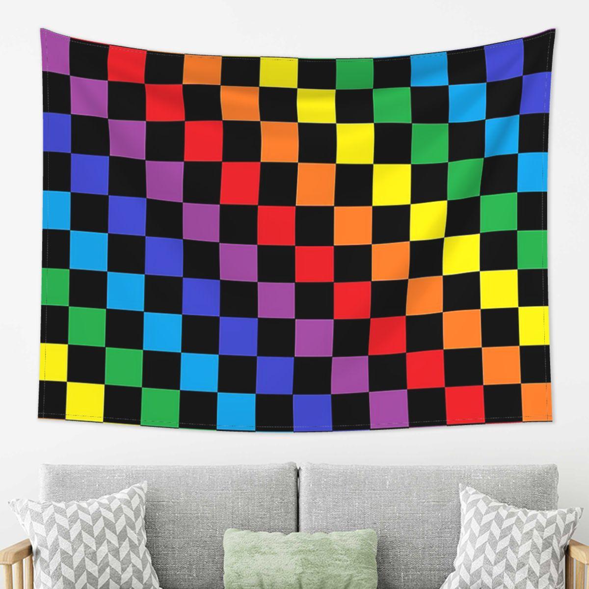 

Checkered Rainbow Black Tapestry Decor Art Aesthetic Tapestries for Living Room Bedroom Home Wall Cloth Wall Hanging 74x94cm(29x37in)