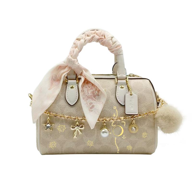 

COACH handbag [Customized bag] Rowan 18 classic printed zipper closure decorative chain hand-painted Boston bag artificial Pink Moon without gift box білий