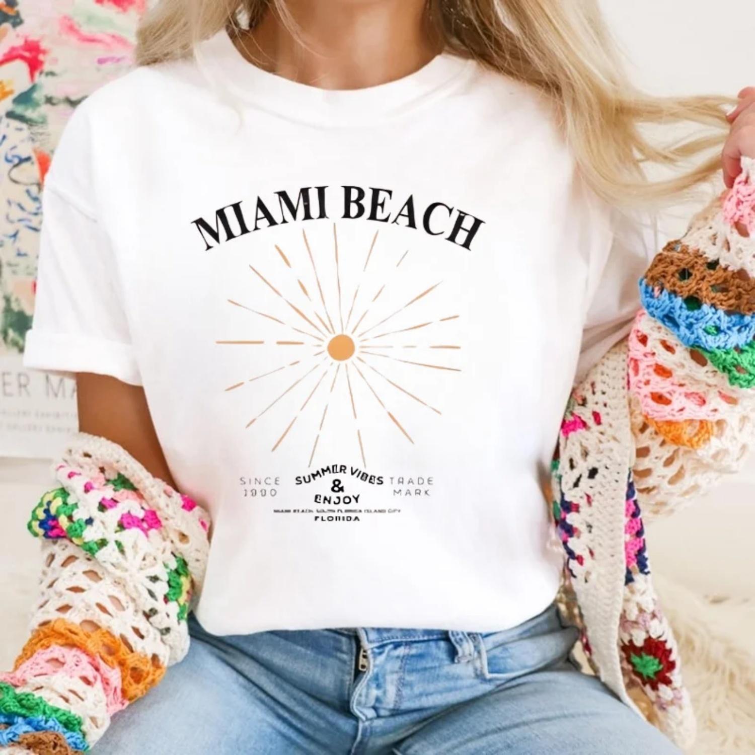 Casual Printed T-Shirt Beach Clothing Casual Versatile Summer Regular Style Simple Short Sleeved Women s Vacation Basic T-Shirt S