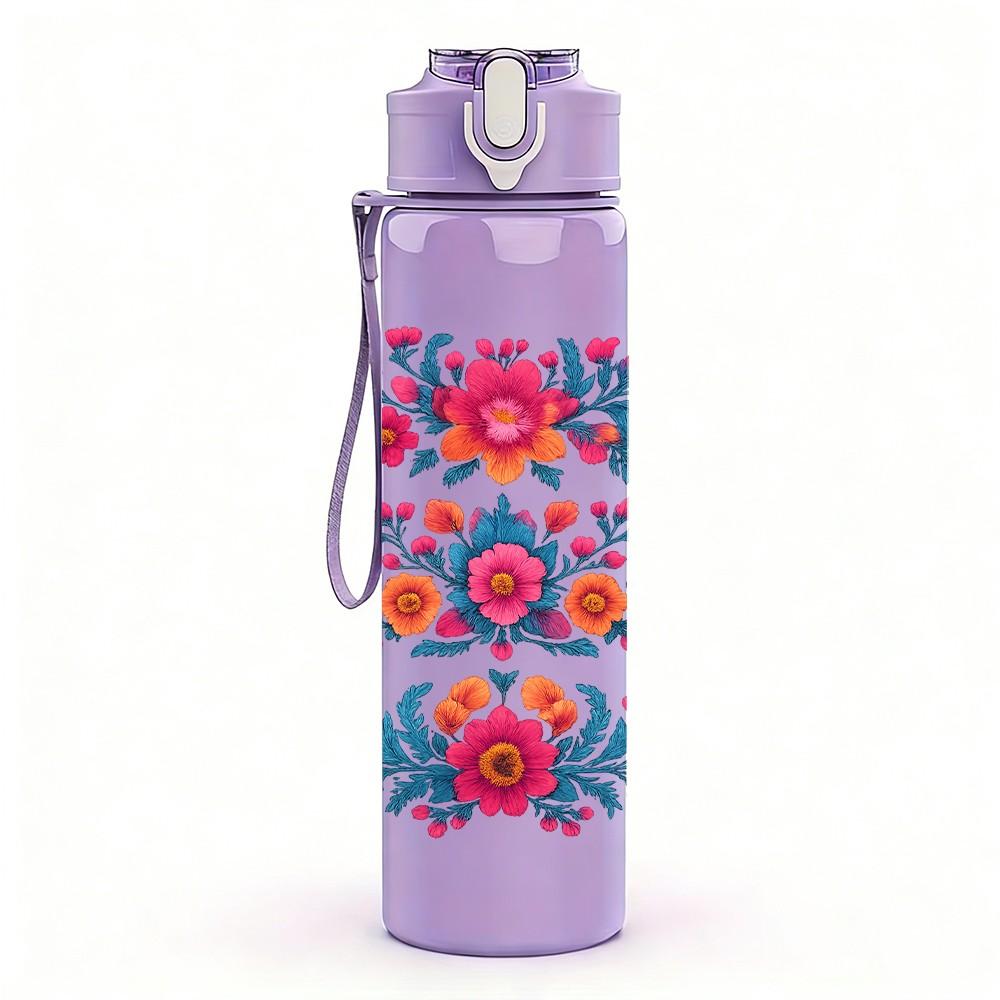 1PC Colorful Floral Pattern Art 750ml Color Plastic Sports Water Bottle Leakproof Flip Straw Lid Suitable for Sports Office Home Use